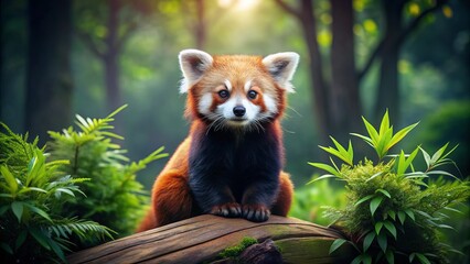 Adorable red panda sits alone on a tree stump, surrounded by lush green foliage, its soft fur and big eyes captivating in a serene atmosphere.