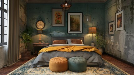 Bench, pouf and pictures in interior of bedroom