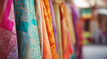 A vibrant display of colorful fabrics hanging in a marketplace. The array of textures and hues creates an inviting atmosphere. Perfect for fashion and textile projects. AI