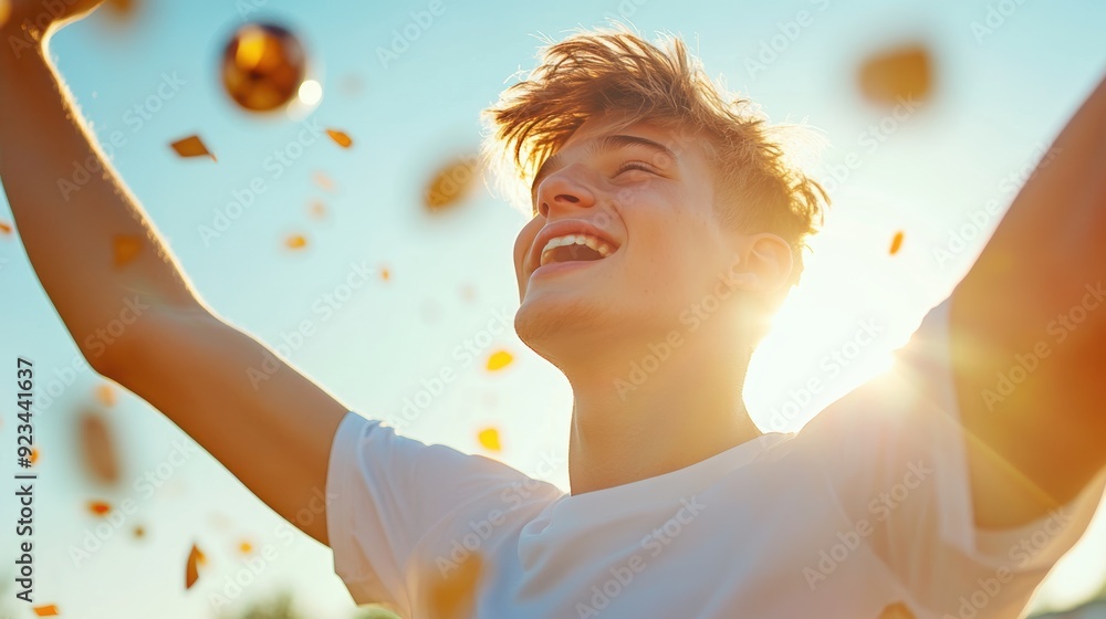 Poster A young athlete celebrating a victory with their team, capturing the joy and camaraderie of achieving goals together.