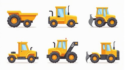 Construction Vehicle Illustration Set Featuring Dump Truck, Tractor, and Bulldozer Icons