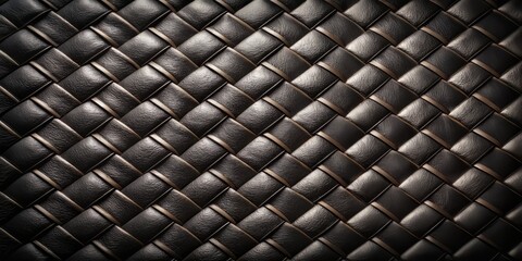 Fototapeta premium Richly textured black leather background with intricate woven pattern, subtle sheen, and deep grooves, evoking luxury, sophistication, and refinement in high-end design aesthetic.