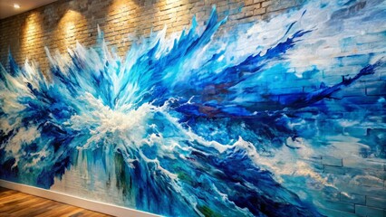 Fototapeta premium Vibrant abstract artwork showcasing mesmerizing blend of blue and white hues creating a textured, dynamic visual effect on a plain wall, evoking emotions.