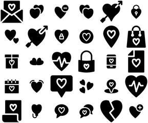 Set Of Linear Heart And Love Glyph Icons Collection Isolated Silhouette Solid Icons Including Love,Like,Valentine-Day,Favorite,Heart Outline Icons Collection. Simple Vector Illustration