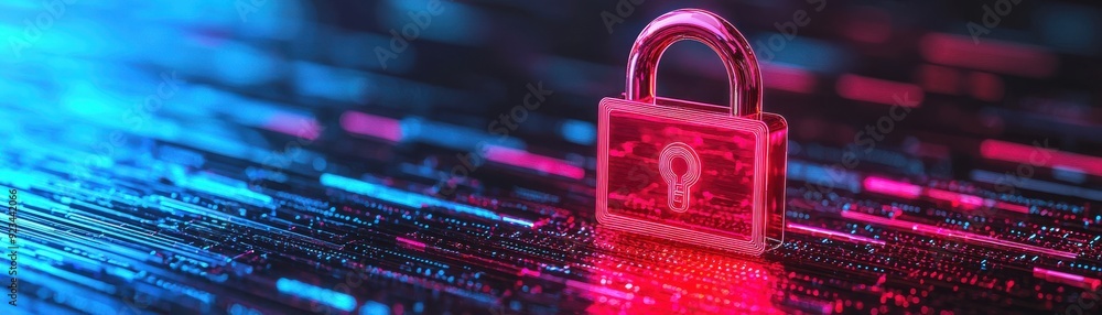 Poster a vibrant digital lock symbolizes cybersecurity and data protection in a futuristic setting with neo