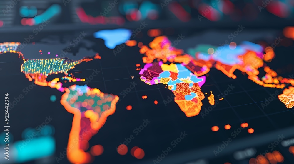 Poster an abstract visualization of a colorful world map, showcasing geographic data and vibrant regions on