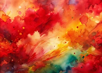 Vibrant red watercolor abstract background features expressive brushstrokes, organic textures, and mesmerizing blended colors, creating a dynamic and artistic illustration.