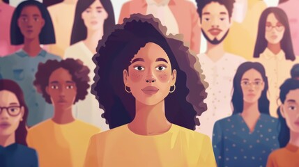 Illustration of a Black Curly Haired Woman Standing Out from the Crowd