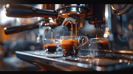 Close-up of a barista pulling a perfect espresso shot with a gleaming machine
