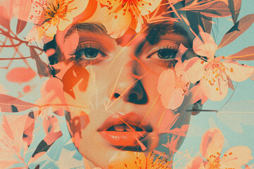 Horizontal Retro Halftone Collage Art Print with Woman and Flowers