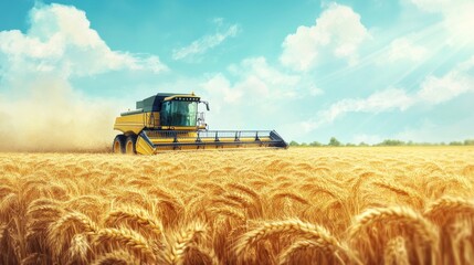 Obraz premium Combine Harvester Harvesting and cutting golden rice grains during harvest season. The machine moves steadily through the crops, with sunlight reflecting on the dust and chaff in the air.