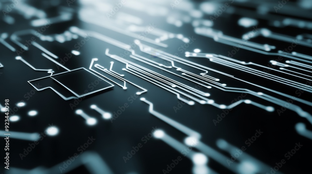 Poster a close-up view of a circuit board with intricate patterns and connections, representing technology 