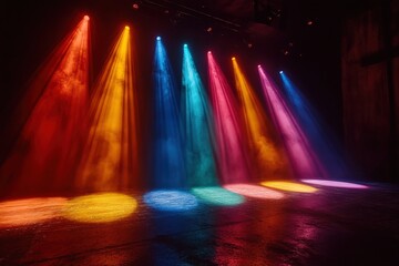 Obraz premium Empty stage with rainbow spotlights, ,Free stage with lights and smoke, conser, show, party, Presentation concept. colorful spotlight strike on black background 