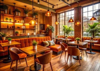 Warm orange and brown hues harmoniously blend in a cozy cafe interior, evoking feelings of comfort and relaxation, perfect for a peaceful retreat.