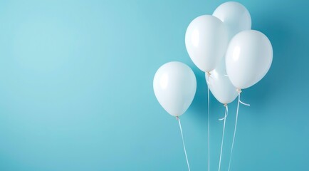 Minimal greeting design with bunch of white balloons on blue background with copy space for text.
