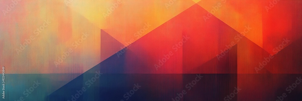 Poster a mesmerizing abstract composition featuring overlapping triangles in shades of orange, red, and blu