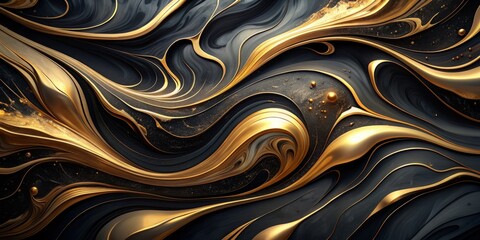 Elegant black marble background adorned with abstract gold fluid patterns, swirling ink textures, and watercolor effects, evoking luxury, modernity, and natural fluidity.