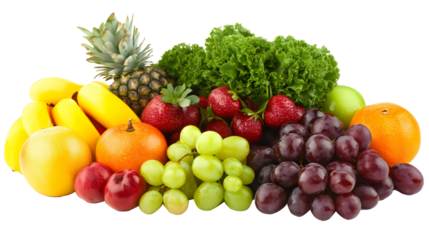 fresh colorful assortment of fruits and vegetables isolated on white or transparent png