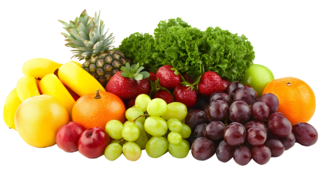 fresh colorful assortment of fruits and vegetables isolated on white or transparent png