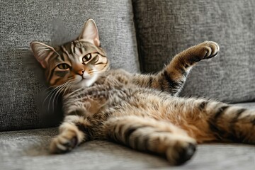 Cute tabby cat lying on grey sofa in living room at home