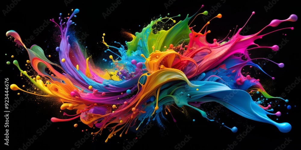 Poster vibrant neon colored paint splashes explode on a black background, creating a stunning abstract artw