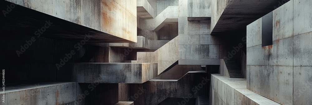 Poster a minimalist architectural design featuring a concrete structure with geometric shapes, creating a s