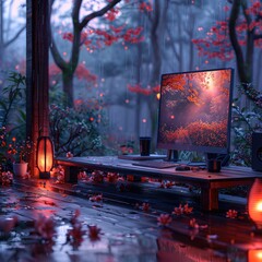 Obraz premium Rainy Autumn Day Working From Home