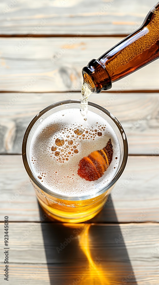 Wall mural beer pouring from bottle into glass on wooden table. beer serving concept. image for brewery adverti