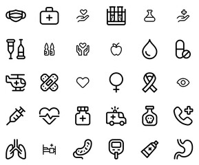 Set Of Friendly Medical And Healthcare Isolated Silhouette Solid Icons With Medicine,Laboratory,Medical,Care,Healthcare Infographic Simple Vector Illustration Logo