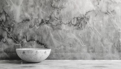 Elegant marble bathroom design featuring a round sink and textured stone wall