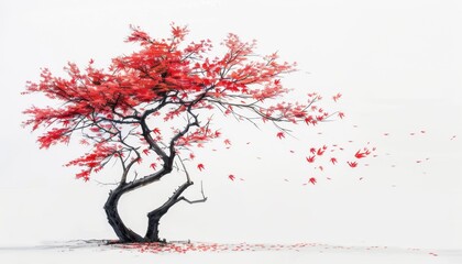 Red maple tree shedding leaves in autumn with a minimalist background