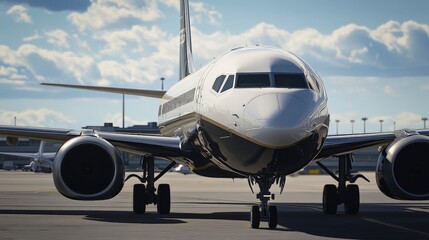 Obraz premium A close-up view of a commercial airplane on the runway, showcasing its sleek design.