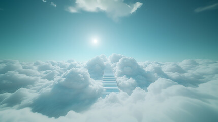 In a minimalist design, a ladder climbs towards a bright sky, its rungs fading into the clouds. This imagery represents the climb toward life's goals, ambition, and the search for meaning and fulfillm