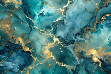 Elegant abstract blue marble texture features gold splashes, subtle gray and white undertones, and dark green accents on a luxurious blue background with watercolor effect.