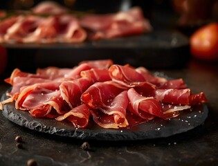 Jamon Iberico with rosemary on a rustic slate, dark food photography