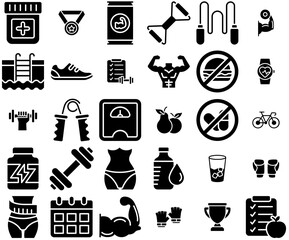 Set Of Linear Fitness Glyph Icons Silhouette Vector Logo Design Containing Fitness,Drink,Gym,Exercise,Workout Solid Icon Collection. Vector Illustration