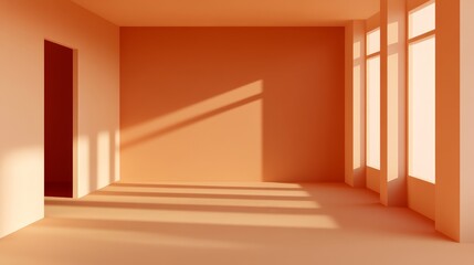 A minimalist interior space with warm tones and natural light casting shadows through large windows.