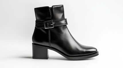 A pair of sleek black ankle boots featuring a buckle detail, representing elegance, sophistication, comfort, style, and versatility.