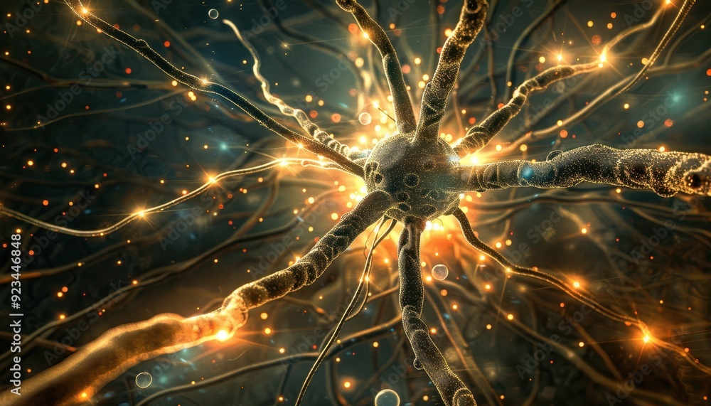 Poster close-up view of a neuron with glowing connections in a dark background
