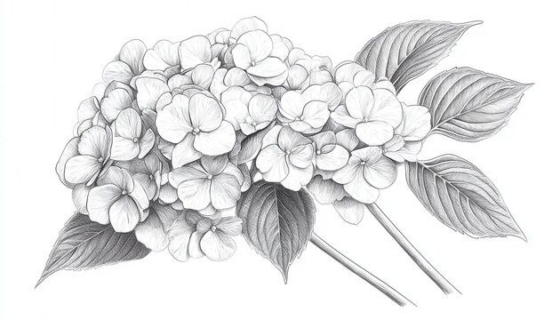 Detailed pencil drawing of hydrangea flowers with leaves against a white background