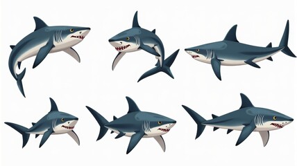 Fototapeta premium Realistic Shark Illustrations of Great White Sharks in Various Poses