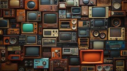 Obraz premium An artistic photograph of a wall filled with classic televisions and radios. The retro devices are stacked in an orderly fashion, and the image provides clean copy space for customization. No logos