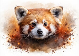 Obraz premium Vibrant red panda emerges from a warm brown watercolor splash, its curious gaze peeking out amidst soft, blended brushstrokes in a whimsical double exposure artwork.