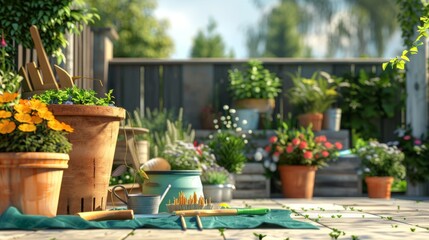 Garden tools and vibrant potted plants on a well-maintained patio, highlighting gardening essentials and design