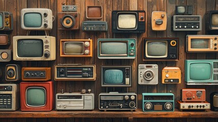Fototapeta premium High resolution image showing a retro wall of vintage radios and televisions in different designs and sizes. The antique devices are captured with great detail, providing a nostalgic feel. There is