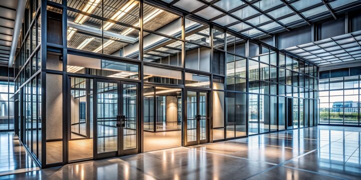 Contemporary industrial office building interior featuring sleek metal walls, glass doors, and intricate geometric steel framework with rectangles and parallel lines in modern design.