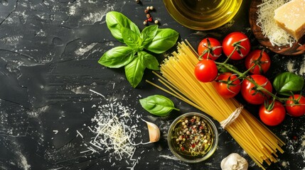Fresh ingredients for pasta laid out on a dark background, including basil, tomatoes, spaghetti, olive oil, garlic, and sprinkled parmesan cheese, ready for cooking.