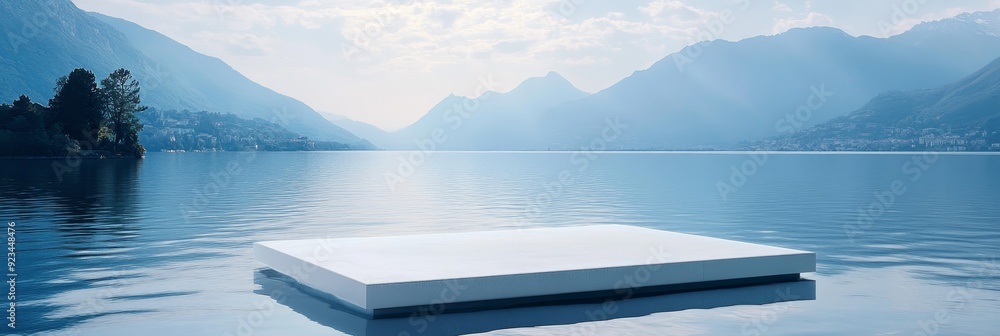 Poster a pristine white platform floats effortlessly on the surface of a calm lake, surrounded by majestic 