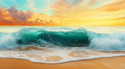 A powerful ocean wave crashes onto a sandy shore, with the setting sun casting warm golden hues across the sky and water, symbolizing nature's beauty, tranquility, and the endless cycle of life.