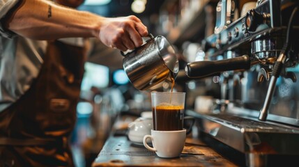 A barista skillfully pours coffee from a metal pitcher into a glass at a trendy coffee shop, showcasing the professional and inviting atmosphere of the café.